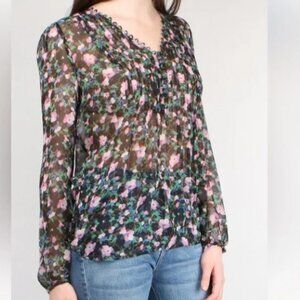 Veronica Beard Lowell Blouse- Floral Sheer 100% Silk Blouse - Black and Pink